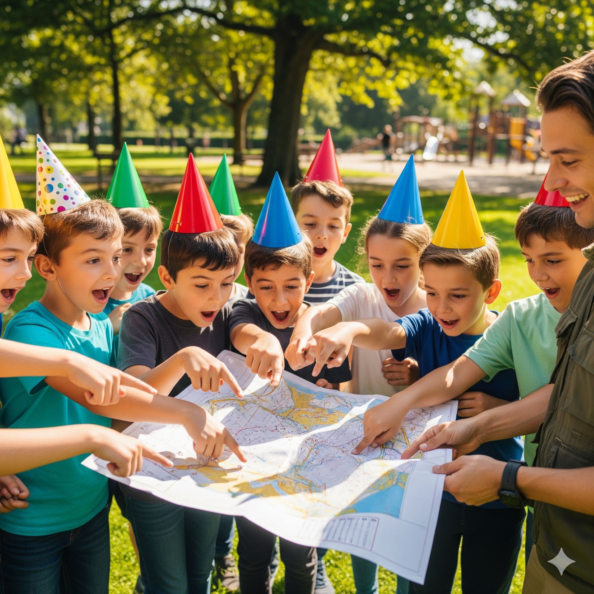 Bambini che corrono in un parco con una mappa per una caccia al tesoro di compleanno
