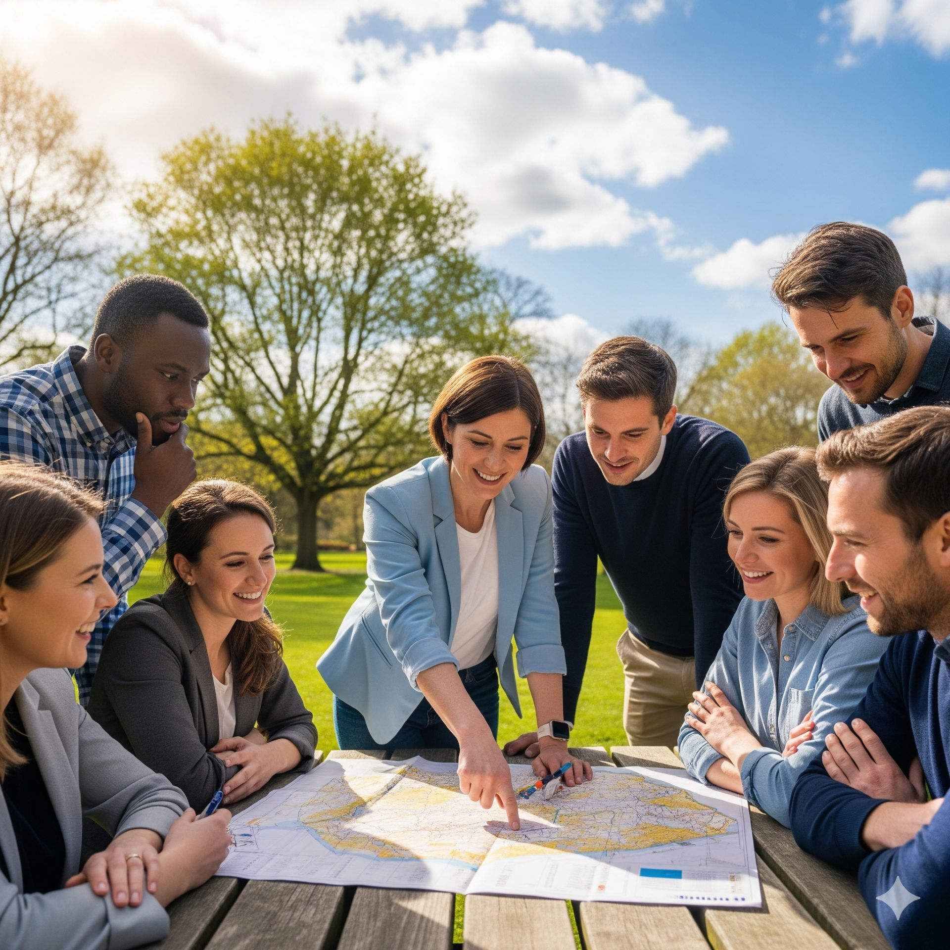 Gruppo di persone che collabora su una mappa durante un'attività di teambuilding
